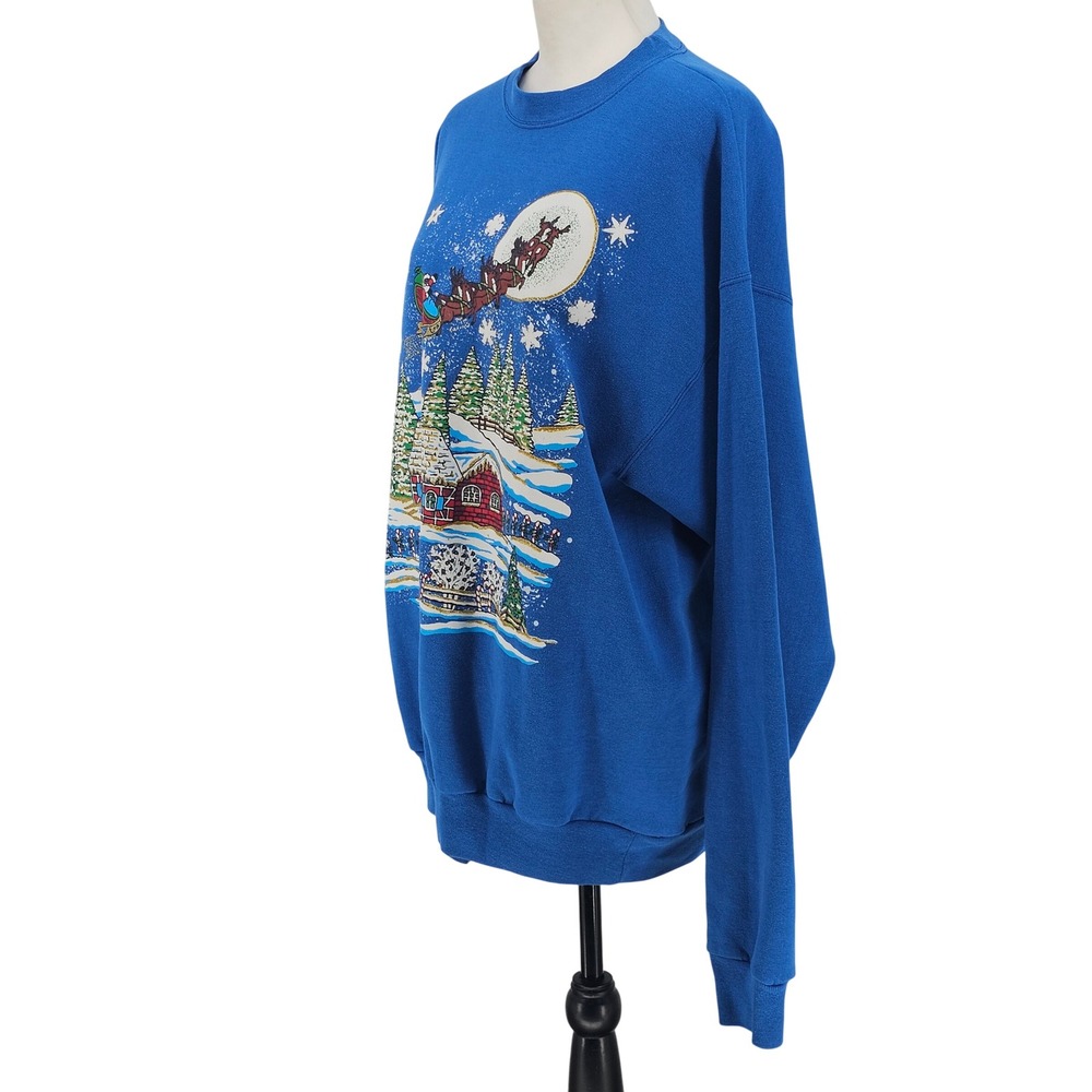 Vintage 90s Hanes Christmas Sweatshirt L Santa Reindeer Sleigh Cottage Kitsch - Picture 3 of 13